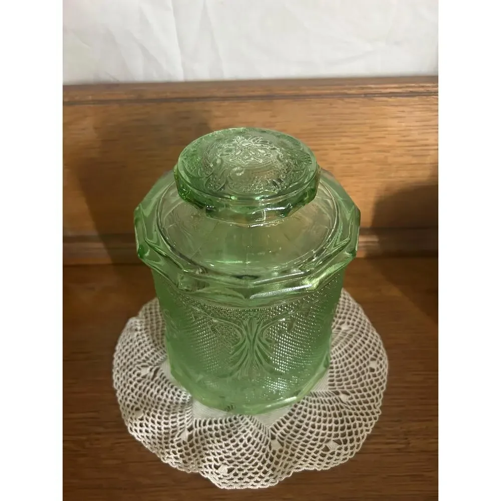 Vintage Tiara Exclusives Chantilly Green Sandwich Glass Canister with Lid